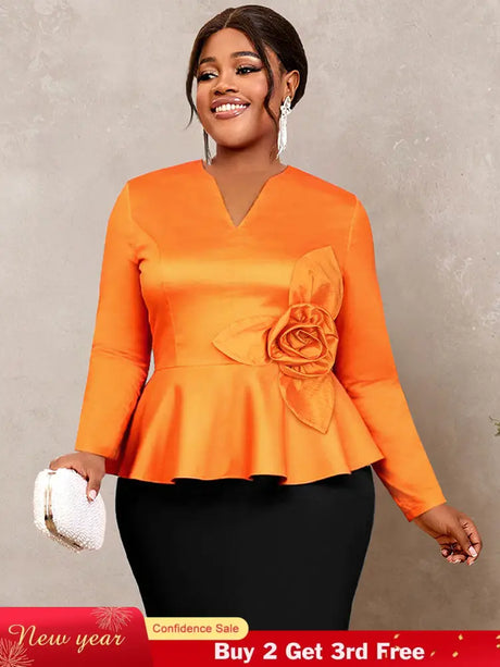 AOMEIDRESS Elegant Tops V Neck Long Sleeves with 3D Flower Peplum Hem Orange / S
