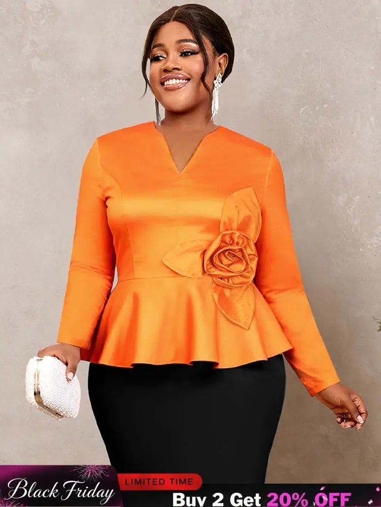 AOMEIDRESS Elegant Tops V Neck Long Sleeves with 3D Flower Peplum Hem Orange / S