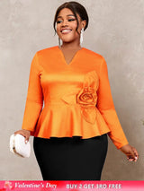 AOMEIDRESS Elegant Tops V Neck Long Sleeves with 3D Flower Peplum Hem Orange / S