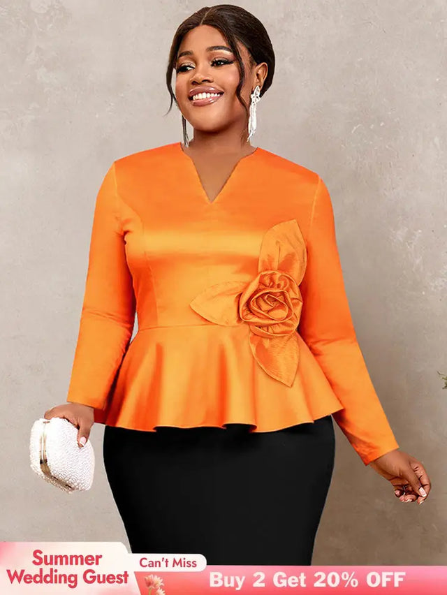 AOMEIDRESS Elegant Tops V Neck Long Sleeves with 3D Flower Peplum Hem Orange / S