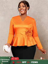 AOMEIDRESS Elegant Tops V Neck Long Sleeves with 3D Flower Peplum Hem Orange / S