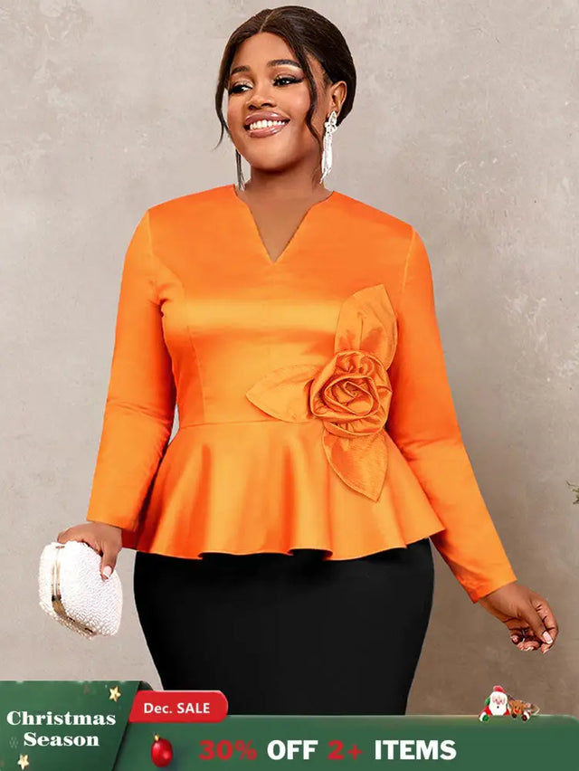 AOMEIDRESS Elegant Tops V Neck Long Sleeves with 3D Flower Peplum Hem Orange / S