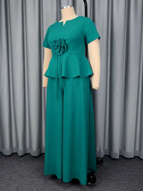 AOMEIDRESS Elegant Two Piece Set 3D Flower Peplum Top Wide Leg Pants