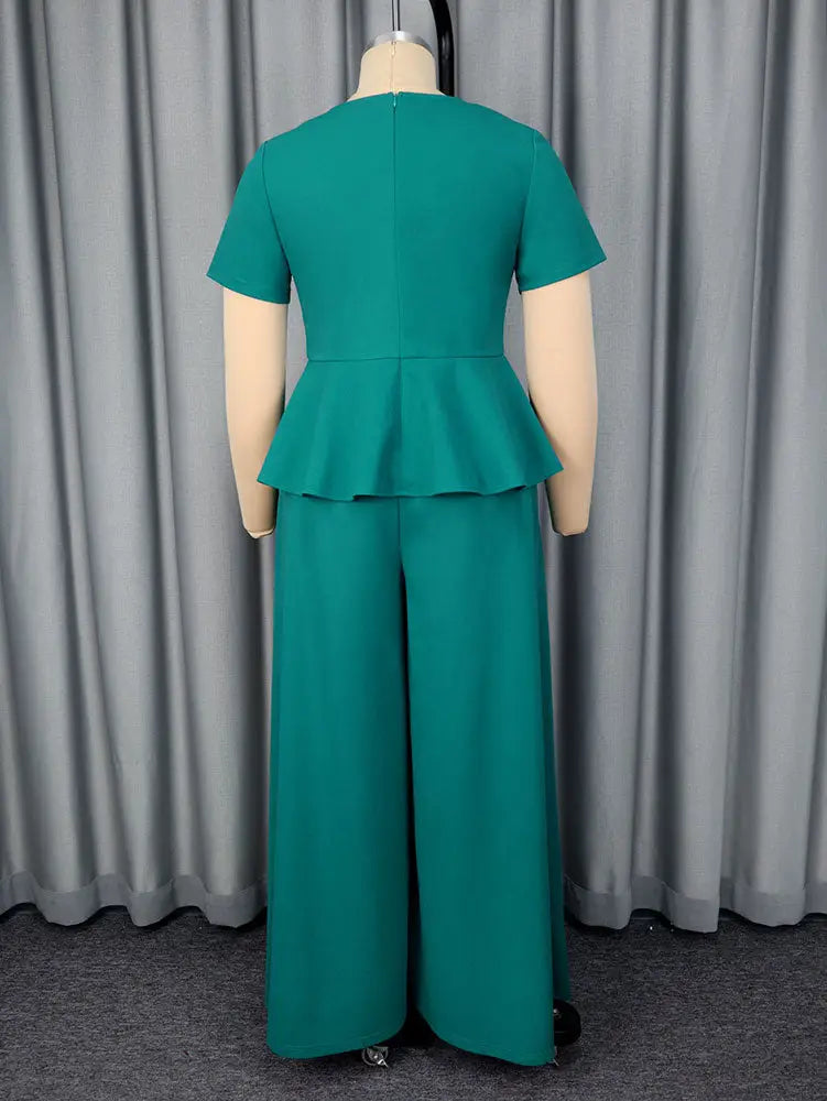 AOMEIDRESS Elegant Two Piece Set 3D Flower Peplum Top Wide Leg Pants