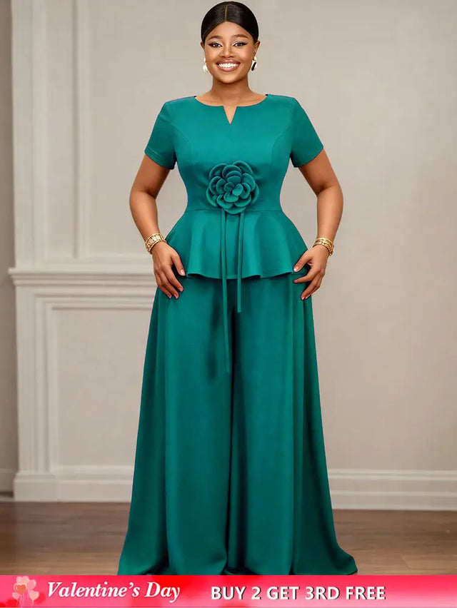 AOMEIDRESS Elegant Two Piece Set 3D Flower Peplum Top Wide Leg Pants LakeGreen / L