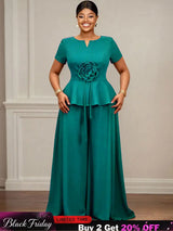AOMEIDRESS Elegant Two Piece Set 3D Flower Peplum Top Wide Leg Pants LakeGreen / L