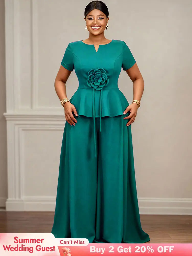 AOMEIDRESS Elegant Two Piece Set 3D Flower Peplum Top Wide Leg Pants LakeGreen / L