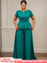 AOMEIDRESS Elegant Two Piece Set 3D Flower Peplum Top Wide Leg Pants LakeGreen / L