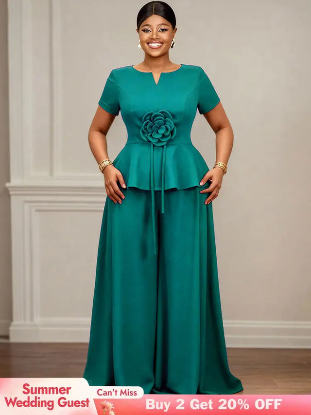 AOMEIDRESS Elegant Two Piece Set 3D Flower Peplum Top Wide Leg Pants LakeGreen / L