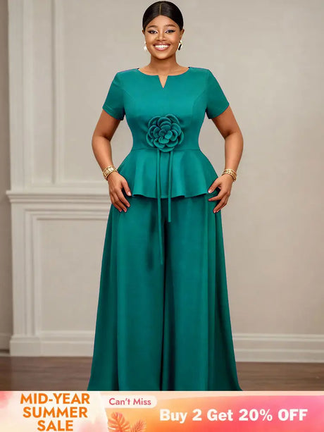 AOMEIDRESS Elegant Two Piece Set 3D Flower Peplum Top Wide Leg Pants LakeGreen / L