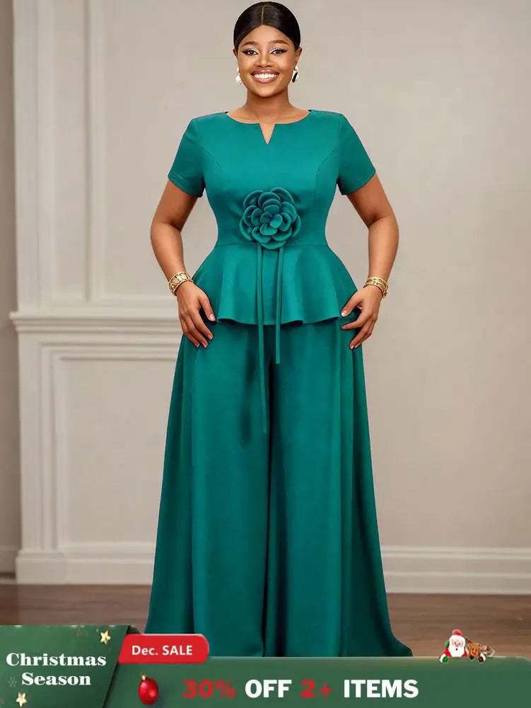 AOMEIDRESS Elegant Two Piece Set 3D Flower Peplum Top Wide Leg Pants LakeGreen / L