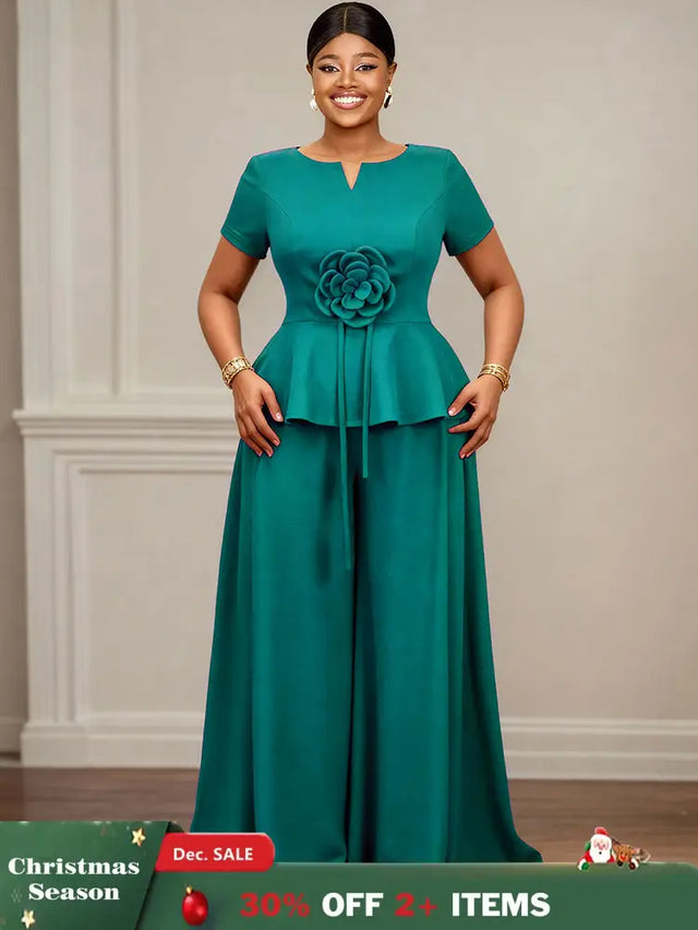 AOMEIDRESS Elegant Two Piece Set 3D Flower Peplum Top Wide Leg Pants LakeGreen / L