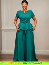 AOMEIDRESS Elegant Two Piece Set 3D Flower Peplum Top Wide Leg Pants LakeGreen / L