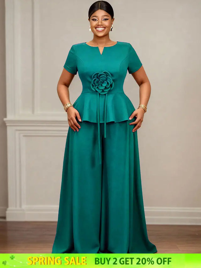 AOMEIDRESS Elegant Two Piece Set 3D Flower Peplum Top Wide Leg Pants LakeGreen / L