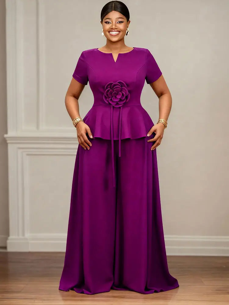 AOMEIDRESS Elegant Two Piece Set 3D Flower Peplum Top Wide Leg Pants Purple / L