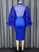 AOMEIDRESS Elegant Two Piece Set Sheer Mesh Puff Sleeve Evening Party