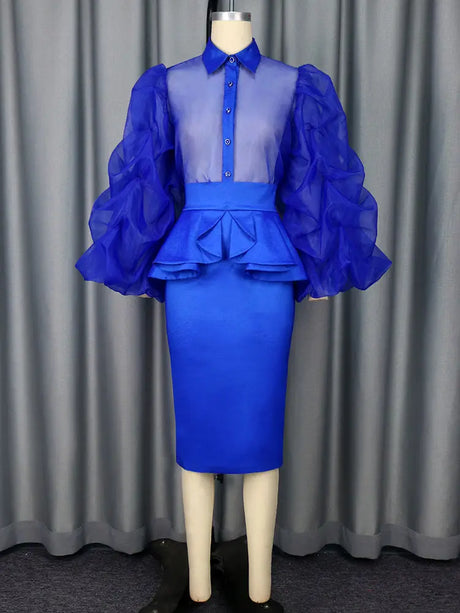 AOMEIDRESS Elegant Two Piece Set Sheer Mesh Puff Sleeve Evening Party