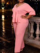 AOMEIDRESS Elegant Two Piece Set V Neck Appliques Top Wide Leg Pants