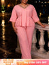 AOMEIDRESS Elegant Two Piece Set V Neck Appliques Top Wide Leg Pants - Pink / L