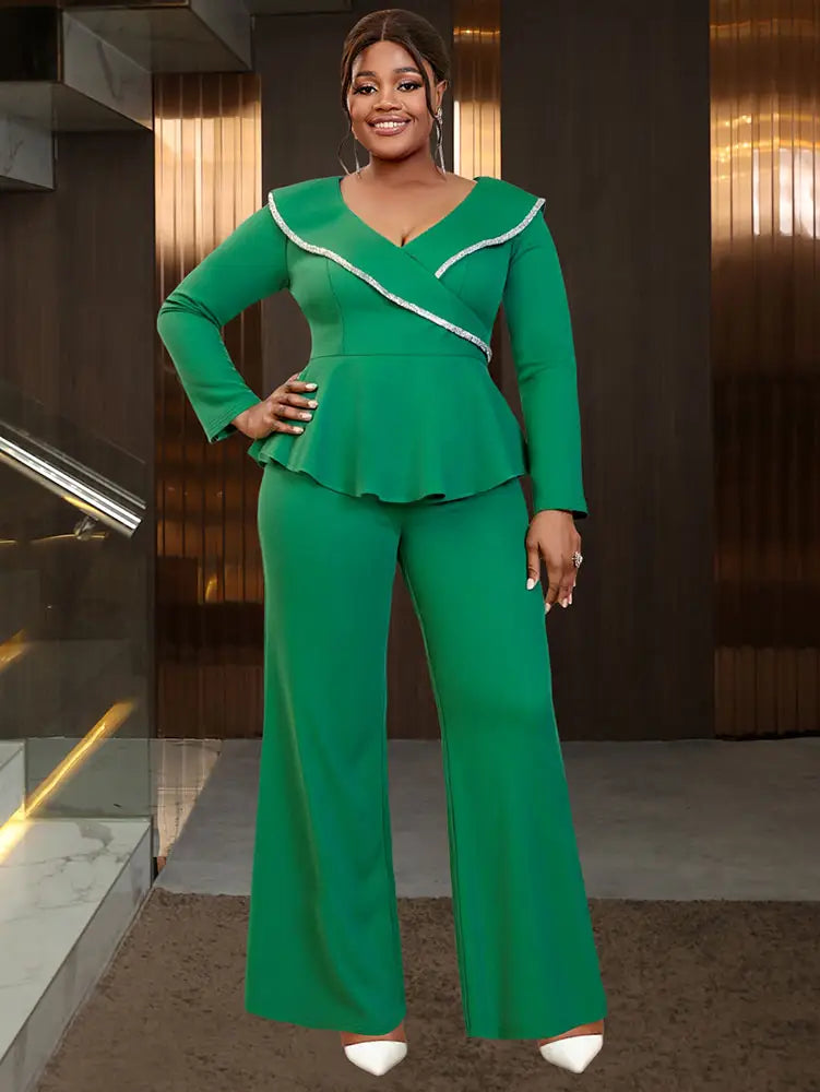 AOMEIDRESS Elegant Two Piece Set V Neck Peplum Tops Wide Leg Pants