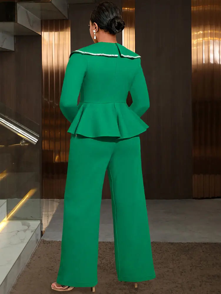 AOMEIDRESS Elegant Two Piece Set V Neck Peplum Tops Wide Leg Pants