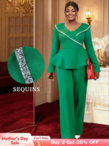 AOMEIDRESS Elegant Two Piece Set V Neck Peplum Tops Wide Leg Pants Green / S