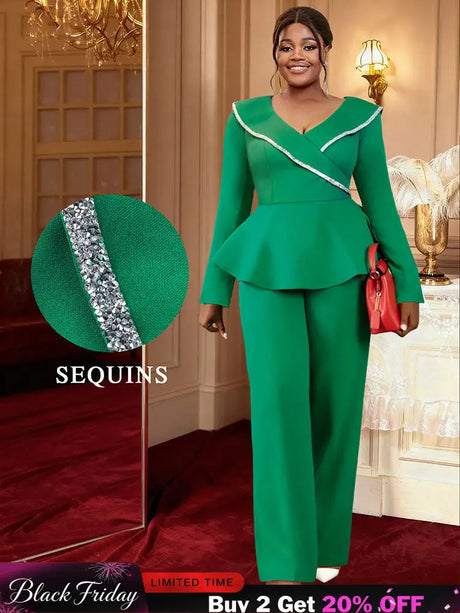 AOMEIDRESS Elegant Two Piece Set V Neck Peplum Tops Wide Leg Pants Green / S