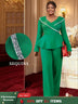 AOMEIDRESS Elegant Two Piece Set V Neck Peplum Tops Wide Leg Pants Green / S