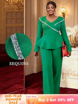 AOMEIDRESS Elegant Two Piece Set V Neck Peplum Tops Wide Leg Pants Green / S