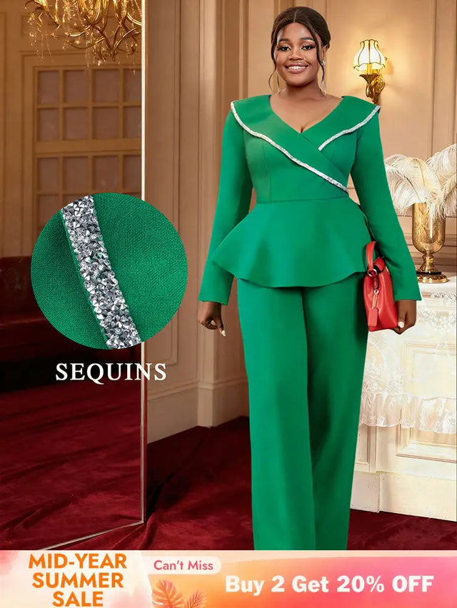 AOMEIDRESS Elegant Two Piece Set V Neck Peplum Tops Wide Leg Pants Green / S