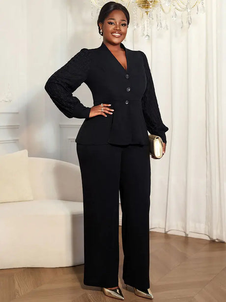 AOMEIDRESS Elegant Two Piece Set V Neck Top Wide Leg Pant Business