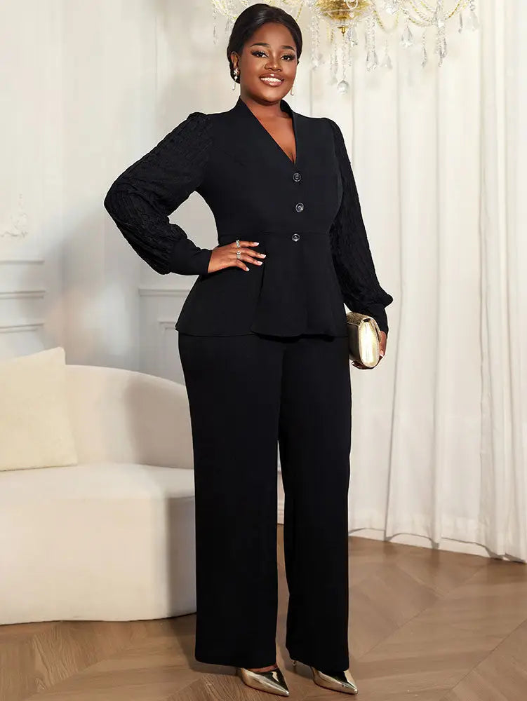 AOMEIDRESS Elegant Two Piece Set V Neck Top Wide Leg Pant Business