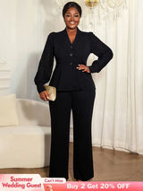 AOMEIDRESS Elegant Two Piece Set V Neck Top Wide Leg Pant Business Black / L