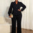 AOMEIDRESS Elegant Two Piece Set V Neck Top Wide Leg Pant Business Black / L