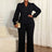 AOMEIDRESS Elegant Two Piece Set V Neck Top Wide Leg Pant Business Black / L