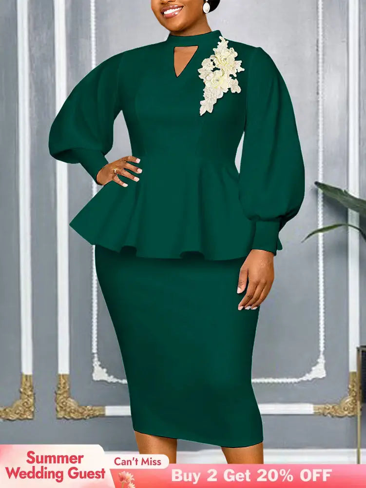 AOMEIDRESS Elegant Two Piece Set with Applique Puff Sleeve Peplum Hem