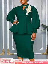 AOMEIDRESS Elegant Two Piece Set with Applique Puff Sleeve Peplum Hem