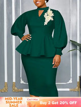 AOMEIDRESS Elegant Two Piece Set with Applique Puff Sleeve Peplum Hem