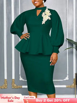 AOMEIDRESS Elegant Two Piece Set with Applique Puff Sleeve Peplum Hem