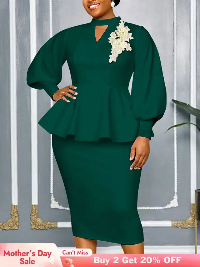 AOMEIDRESS Elegant Two Piece Set with Applique Puff Sleeve Peplum Hem