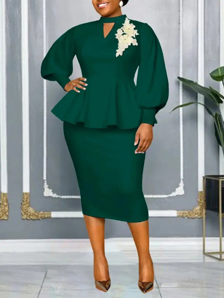 AOMEIDRESS Elegant Two Piece Set with Applique Puff Sleeve Peplum Hem - Green / S