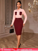 AOMEIDRESS Elegant Two Piece Set with Office Shirt Top Pencil Skirt