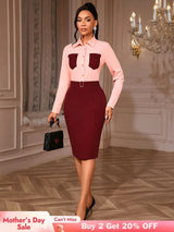 AOMEIDRESS Elegant Two Piece Set with Office Shirt Top Pencil Skirt