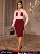 AOMEIDRESS Elegant Two Piece Set with Office Shirt Top Pencil Skirt