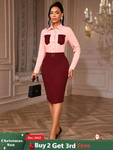AOMEIDRESS Elegant Two Piece Set with Office Shirt Top Pencil Skirt