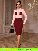 AOMEIDRESS Elegant Two Piece Set with Office Shirt Top Pencil Skirt