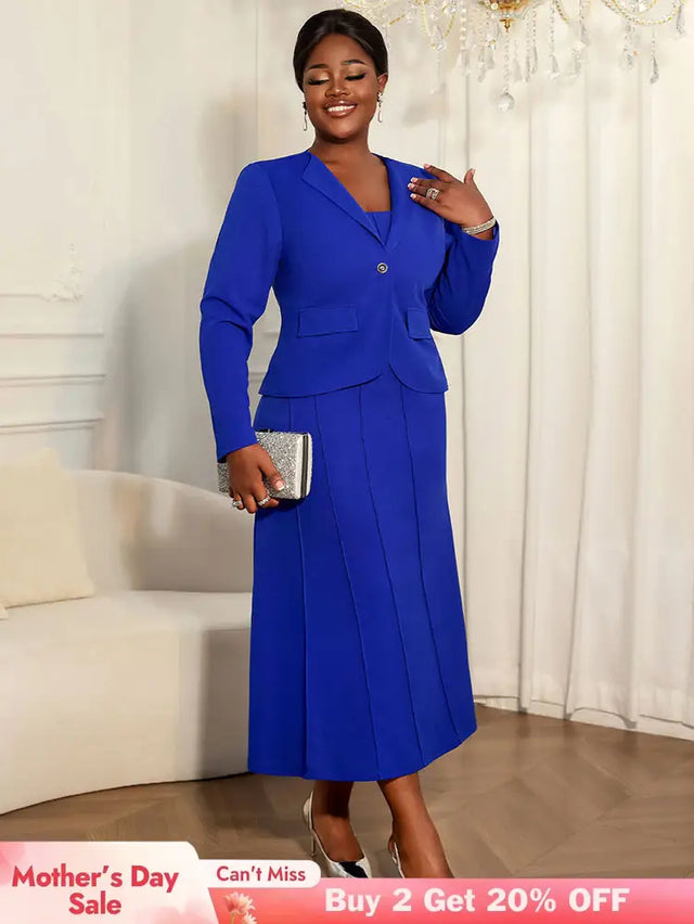 AOMEIDRESS Elegant Two Piece Suit Set with Halter Dress Office Wear Blue / L