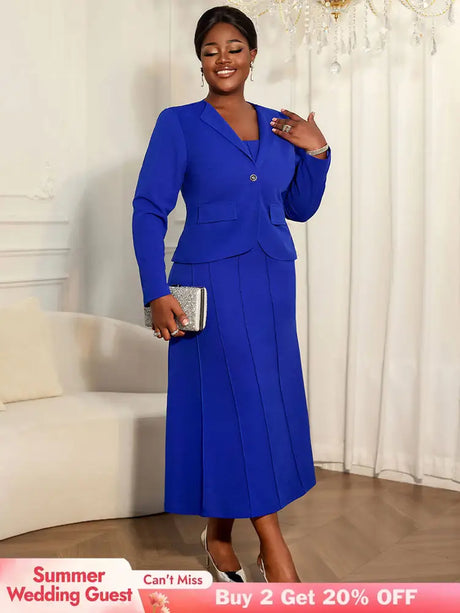 AOMEIDRESS Elegant Two Piece Suit Set with Halter Dress Office Wear Blue / L