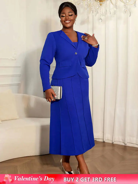 AOMEIDRESS Elegant Two Piece Suit Set with Halter Dress Office Wear Blue / L