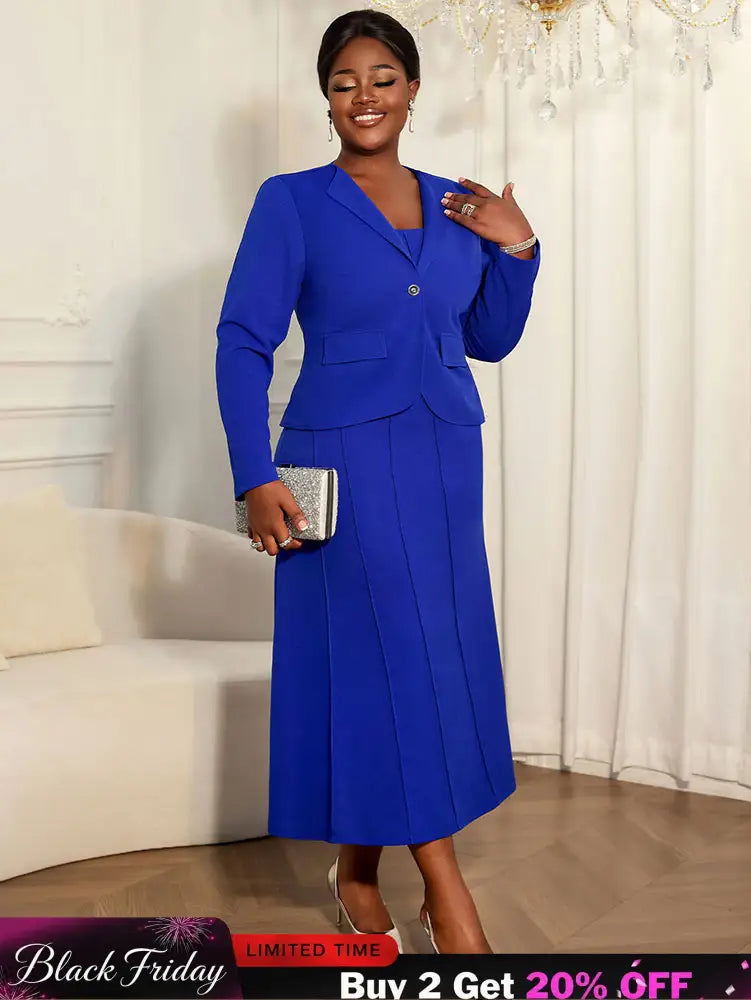 AOMEIDRESS Elegant Two Piece Suit Set with Halter Dress Office Wear Blue / L